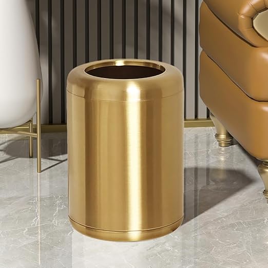 10 L/2.6GallonBrass Trash canBrushed Bathroom Trash Can Gold Wastebaske for BathroomLiving RoomOfficeKitchenBedroomHotel (Gold)