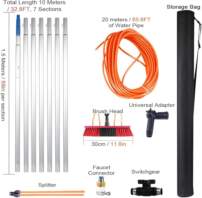 Window Cleaning Water Fed Pole KitOutdoor Reach Solar Panel Cleaning Brush with 20m Water PipeAdjustable Cleaning Tool with Aluminum Extension Pole for Roof Window Gla(Size:10M/33FTColor:30cmBrush)