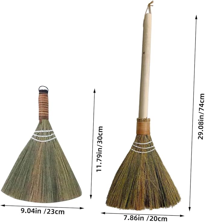 2pcs Handmade Woven Brooms with Long Handles Natural Soft Straw Dust Cleaning Brush for Kitchen Floor and Tabletop Cleaning Supplies