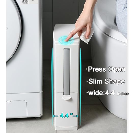 Slim Bathroom Trash Cans with Lid 4.4 Inches Wide/0.7 Gallon(3 Liters) Small Narrow Lidded Bathroom Trash Can with Toilet Brush for RV Camper Tiny Garbage Can RV Accessories for Inside(Grey)