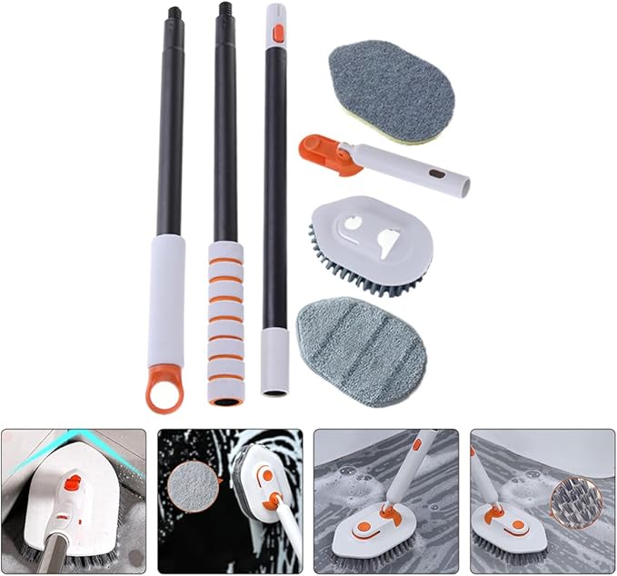 Multifunctional Floor Grout Brush Set with Extendable Handle Stiff Bristle Scrubbing Brush and Replacement Pads for Bathroom Tile and Indoor Floor Cleaning