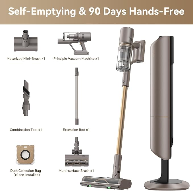 DREAME Z10-W Cordless Vacuum Cleaner with Self-Emptying Base (90 Days) Powerful Suction Tangle-Free Brush for Pet Hair 60min Runtime HEPA Filtration Cordless Stick Vacuum for Carpets &amp Hardfl