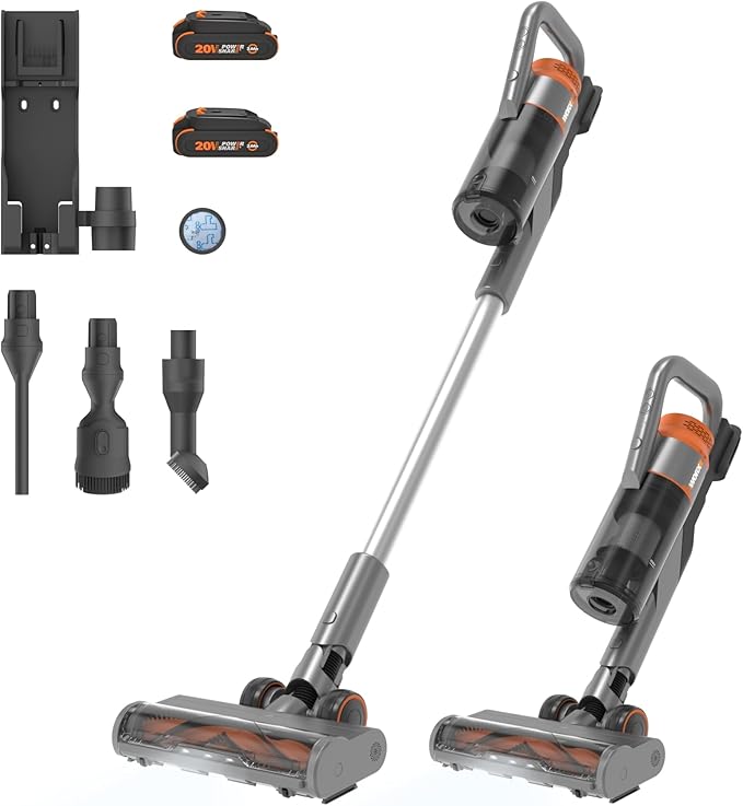 WORX 20V Cordless Stick Vacuum Powerful Cordless Vacuum Cleaner 25Kpa High Suction for Pet Hair Lightweight Handheld Vacuum Cleans Floors Carpet Car – 2 Batteries &amp Wall-Mount Charger Included