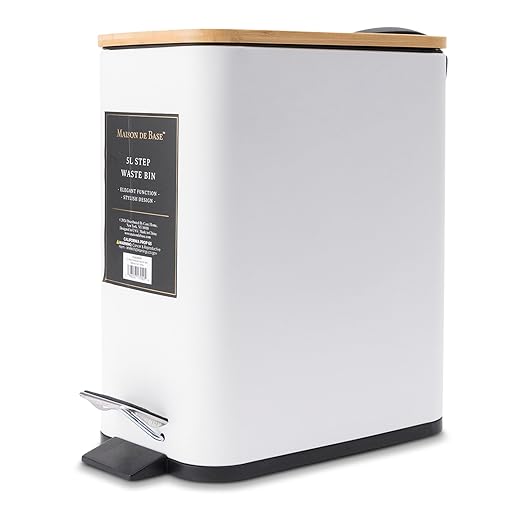 CORE HOME Sleek Rectangular Step Waste Bin Trash Garbage Can with Wooden Lid 5 Liter Iron White
