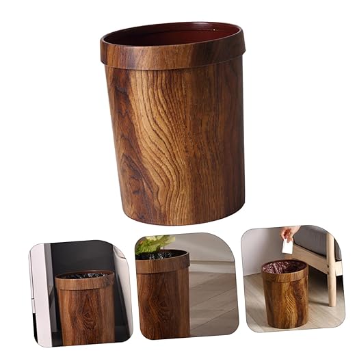 ABOOFAN Wood Grain Plastic Wastebasket Bathroom Trash Can Lid Press Ring Kitchen Garbage Can