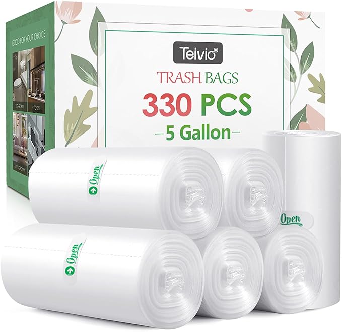 5 Gallon 330 Counts Strong Trash Bags Garbage Bags by Teivio Bathroom Trash Can Bin Liners Plastic Bags for home office kitchen Clear