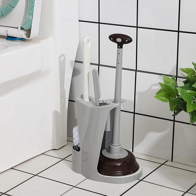 Cq acrylic Toilet Brush and Plunger SetGrey 3 in 1 Bathroom Scrubber Plunger and Angled Toilet Bowl Brush &amp Scrubber Combo with Holder and Rim Cleaner for CamperRvApartmentNew HomeSet of 1