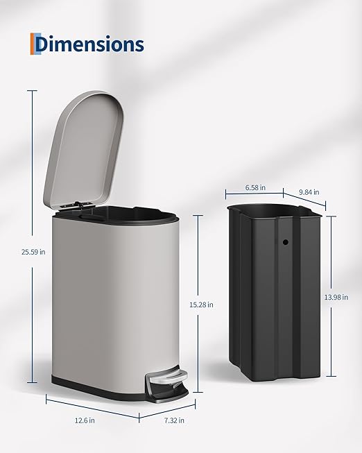 GarveeHome 2.6 Gallon Bathroom Trash Can Space-Saving Slim Stainless Steel Step-On Garbage Bin with Soft Close Lid Removable Inner Bucket for Bathroom &amp BedroomGrey