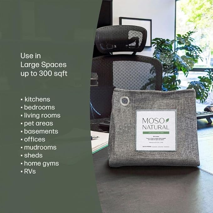 Moso Natural Air Purifying Bag 600g Premium Bamboo Charcoal Odor Absorber Room Deodorizer for Large Spaces Bedroom Kitchen Basement Pet Odor Eliminator for Home 21oz Charcoal Bags (2 Pack)