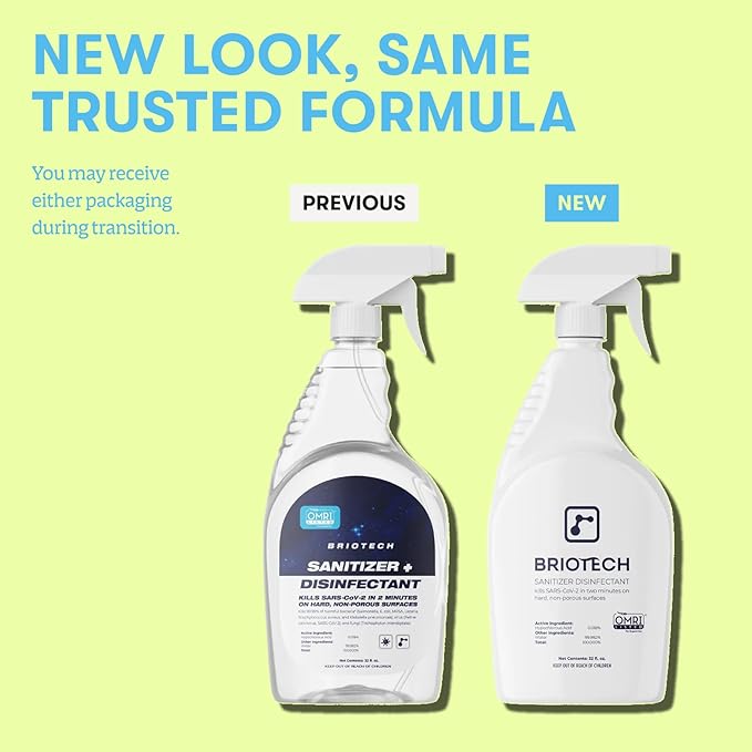 BRIOTECH Sanitizer Disinfectant Hypochlorous Spray Kill 99.99% of Viruses &amp Bacteria Control Mold Eliminate Odor Gentle for Nursery &amp Play Rooms Food Contact Surface Sanitizer 32 fl oz (