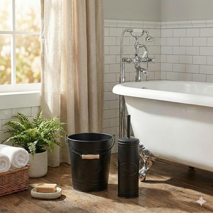 Autumn Alley Farmhouse Bathroom Trash Can and Toilet Brush Set - Rustic Bathroom Accessories for Charming Bathroom Décor Matte Black Heavy Gauge Metal