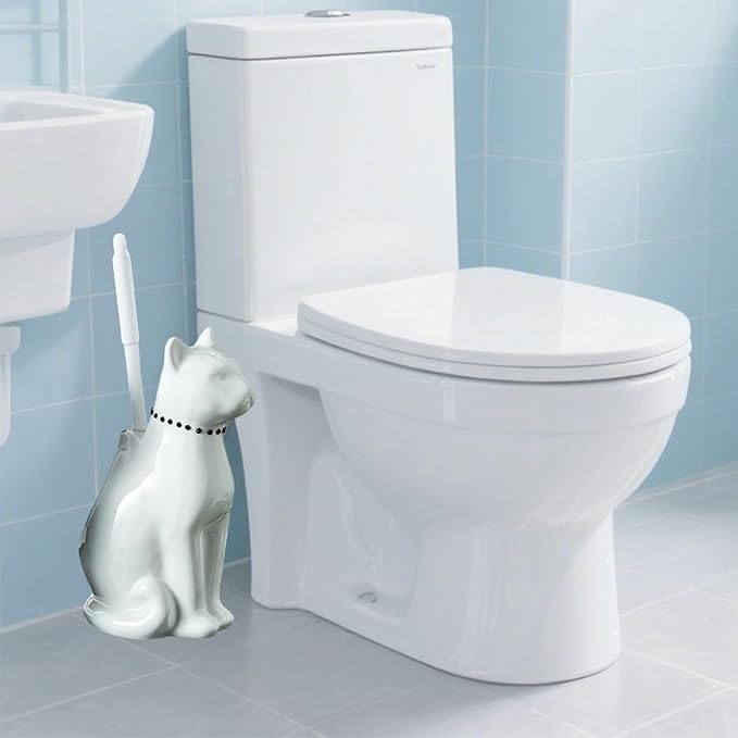Comeon Ceramic Cat White/Black Toilet Brush and Holder Set Plastic Handled Scrub Brush for Bathroom Cleaning10.63*6.3 (White)