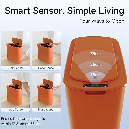 TIPGO Automatic Motion Sensor Bathroom Trash Can with Lid 2.6 Gallon Touchless Trash Bin Smart Garbage Can Plastic Slim Wastebasket for Bedroom Office Dorm (Orange)