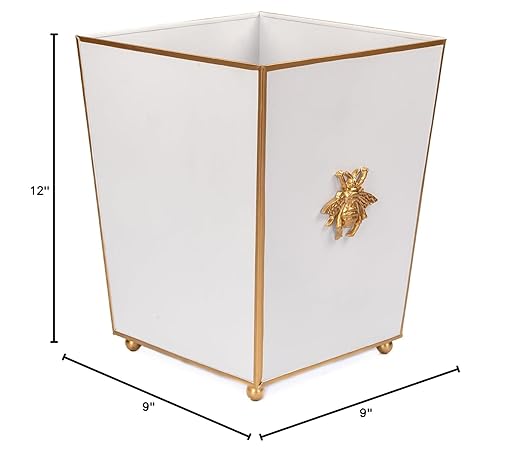 Jaye's Studio Regency Line Square Wastebasket &amp Garbage Bin Hand-Painted Metal Trash Bin for Bedroom Office Bathroom 9 x 9 x 12 (White Gold Bee)