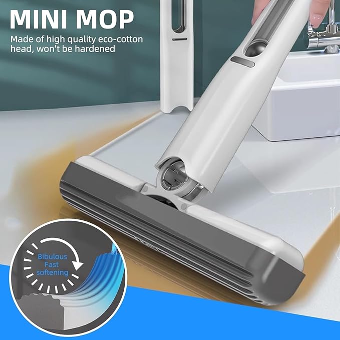 Mini mop - Portable Squeeze mop Spray mop with 1 Super Absorbent Sponge Head with Strong Water Absorption Suitable for Desktop and Small Space