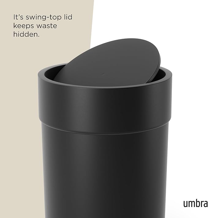 Umbra Touch Trash Can Small 1.6-Gallon Garbage Bin with Swing Lid Waste Basket for Bathroom or Office Black