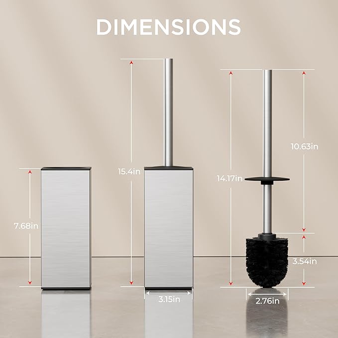 FORIOUS Toilet Brush and Holder Set Heavy Duty 304 Stainless Steel Base Square and Long Handle for Bathroom Deep Cleaning Drip-Proof Space Saving for Storage 2 Toilet Bowl Brush Head
