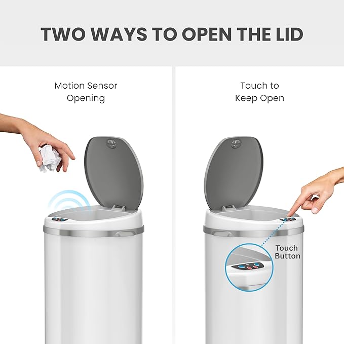 iTouchless 13 Gallon Touchless Sensor Trash Can with Odor Filter System Round White Steel Garbage Bin for Home Kitchen Pale White 13 Gal
