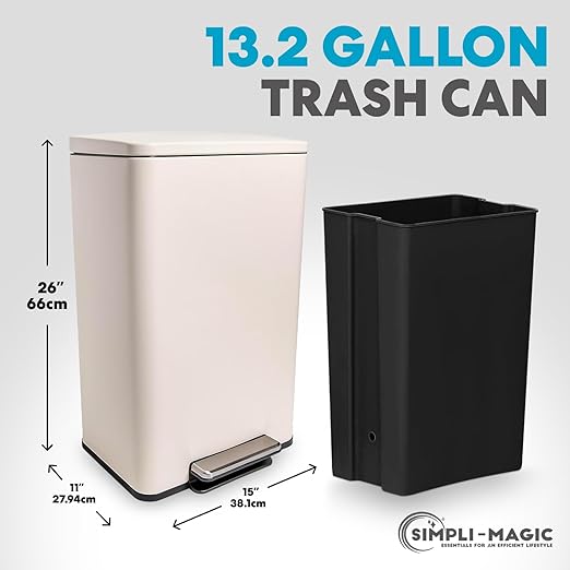 Simpli-Magic 50 Liter / 13.2 Gallon Soft-Close Smudge Resistant Trash Can with Foot Pedal and Built in Filter- White Color