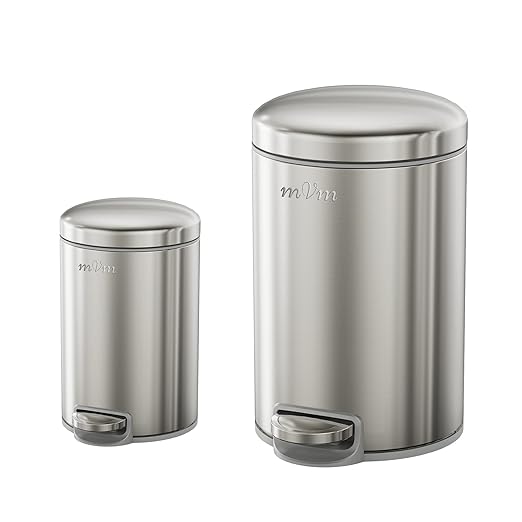 mVm Trash Can Set 3.2 Gallon(12L)+0.8 Gallon(3L) Kitchen Bathroom Trash Cans Combo Step Round Brushed Stainless Steel Garbage Can with Lid Anti-FingerprintSoft-Closefor Home Office(Silver)