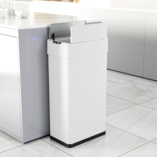 TLSUNNY 13.2 Gallon Automatic Trash Can Stainless Steel Motion Sensor Garbage bin Smart Trash Can W/Butterfly Lid Bag Retainer Ring and Display Light for Living RoomKitchenOffice (White 50L)