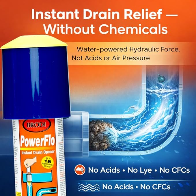 PowerFlo is a non-chemical Safe Instant Drain Opener for all Diameter Drains. Does not use air pressure or chemicals. Powerful solution with 18 applications (Full Starter Kit)