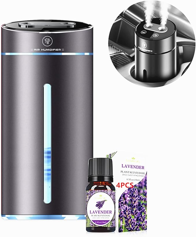 Smart Car Air Freshener Car Air Freshener Diffuser with Humidifier Auto On/Off 3 Mode Adjustable with 4 Essential Oils(Gun Color)