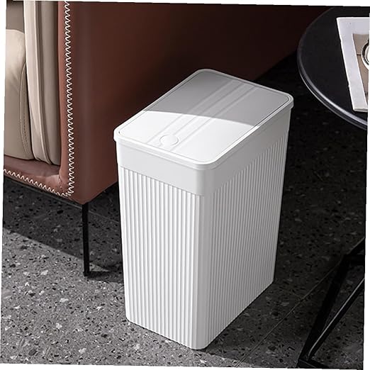 Press Lid Trash Can Large White Square Plastic Wastebasket with Covered Lid for Bathroom Kitchen Household Portable Small Trash Bin for Home Organization
