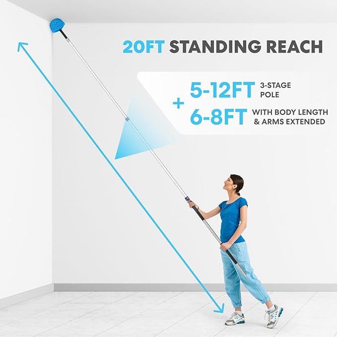 Simpli-Magic 5-to-12 Foot Cobweb Duster with Extension Pole Combo (20 Ft Reach Medium-Stiff Bristles) Spider Web Brush with Pole - Hand-Packaged Lightweight 3-Stage Aluminum Pole