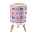 Bathroom Trash Can with Lid Retro Checkered Seamless Hand Drawn Daisy Flowers Wavy Lines Pink Blue Garbage Bin Waste Basket for Kitchen Office Bedroom Decoration Diaper Pail 1.8 Gallon