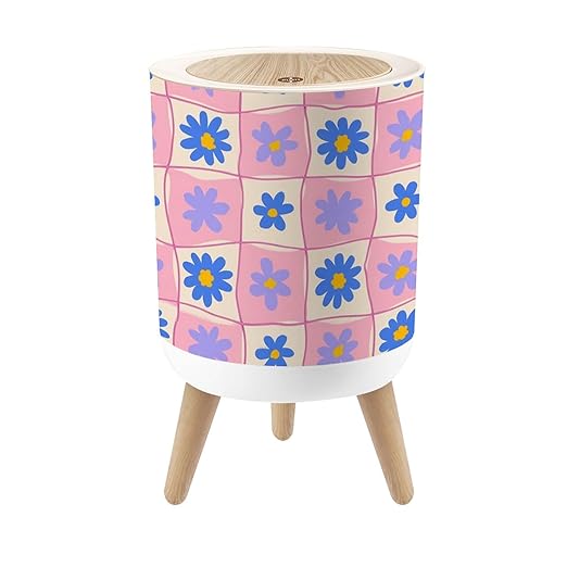 Bathroom Trash Can with Lid Retro Checkered Seamless Hand Drawn Daisy Flowers Wavy Lines Pink Blue Garbage Bin Waste Basket for Kitchen Office Bedroom Decoration Diaper Pail 1.8 Gallon
