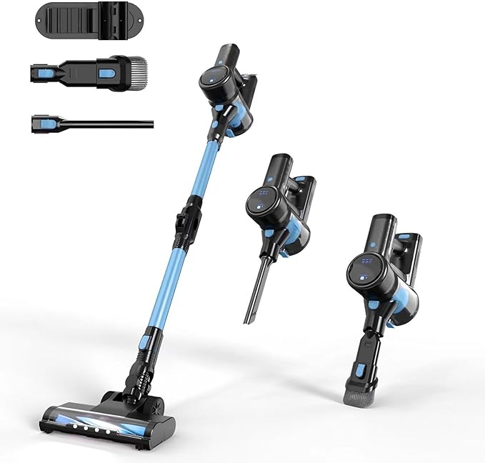 Cordless Vacuum Cleaner 250W/22Kpa Powerful Suction 39 Mins Runtime Anti-Tangle Brush and LED Display Handheld Vacuum for Hard Floors Carpet Pet Hair(Mint Blue)