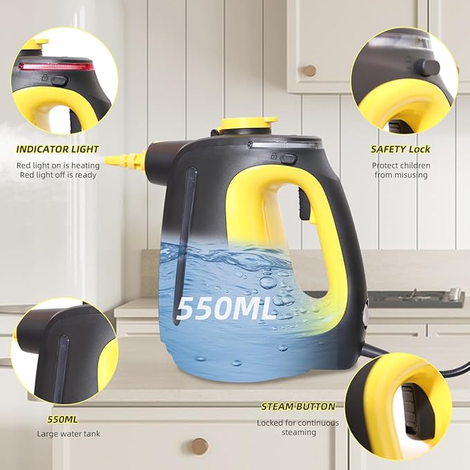 Handheld Steam Cleaner 1350W High Power with 9 Piece with Safety Lock Multi-Purpose Steamer for Home Use Multi-Surface Natural Steam Cleaner for FurnitureUpholstery Car Floor