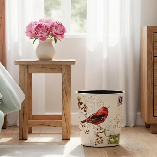 PU Leather Small Trash Can Wastebasket Round Garbage Container Basket for Bathrooms Laundry Room Kitchens Offices Kids Rooms BedroomsDormsHome Decorative Art Bin 2.9 Gallon(Bird Design)