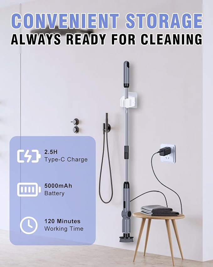 Electric Spin Scrubber [IPX8 Waterproof ] [50KG Torque] Shower Scrubber with 9 Brush Heads 2 Speed Mode 4 Adjustable Angles Electric Brush for Cleaning for Bathroom Floor Tile (Gray)