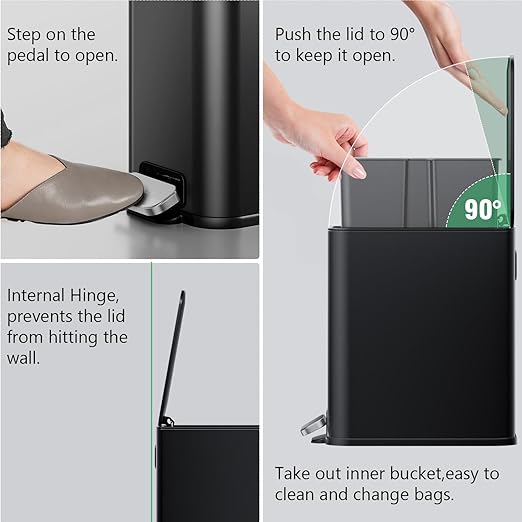 Small Bathroom Trash Can with Lid Soft Close 1.3 Gallon Garbage Can Step Pedal Stainless Steel Wastebasket Slim Trash Bin for Office Bedroom Toilet Live Room (Black)