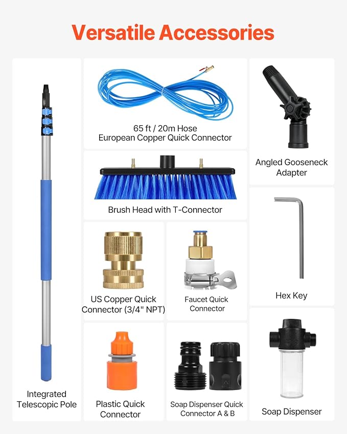 VEVOR Water Fed Pole Kit 12FT Solar Panel Cleaning Pole with Extendable Handle 180° Rotatable Brush Head &amp 65.6FT Hose Household &amp Outdoor Window Cleaner Tool for Caravan Solar Panel Deck