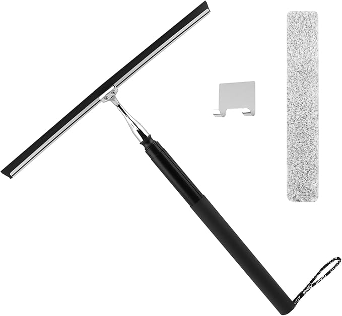 Shower Squeegee with Long Handle and Adhesive Hook 16.93 to 59.84 Telescopic Squeegee for Window Cleaning Bathroom Cleaner Window Cleaning Tool for Mirror Glass Ceramic Tile(Color:Black)