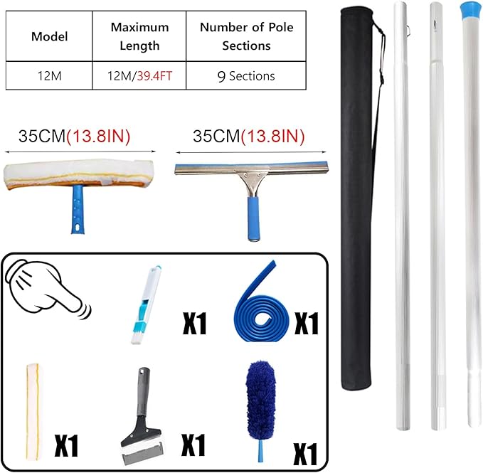 Adjustable Length Window Cleaning Rods Window Washing Equipment with Long Handle Wall Cleaner Mops for Bathroom Mirrors/Malls - Glass Cleaning Tool
