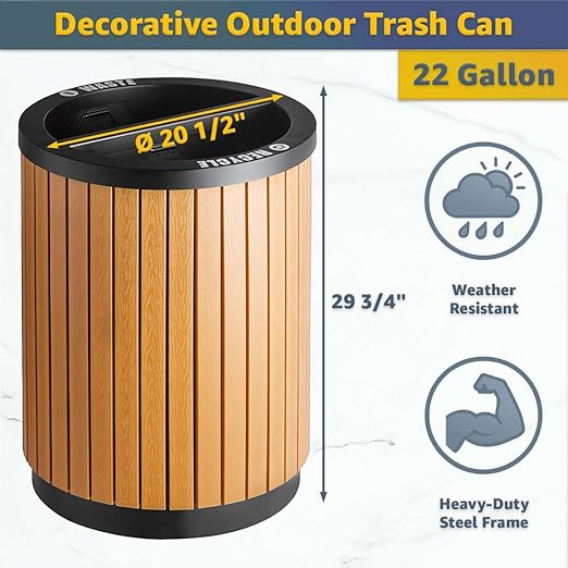 22 Gallon Round Outdoor Two-Stream Trash Can Recycling Bin - Commercial Dual Stainless Steel / Wood Compartment 11 Gallon Liners - Decorative Waste Container for Parks Retail Stores Transit Stations