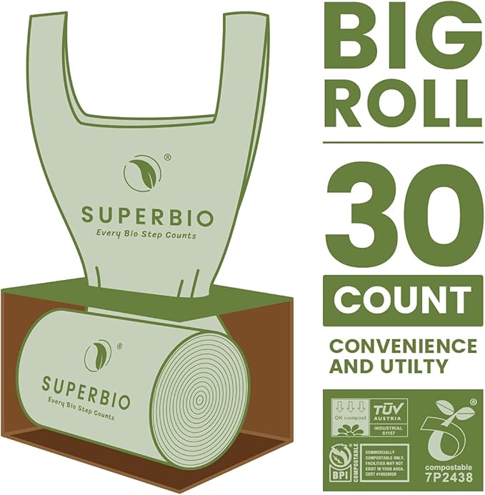 SUPERBIO 13 Gallon Handle Tie Compostable Food Waste Bags 30 Count 2 Pack ASTM D6400 BPI and OK compost INDUSTRIAL 49.2L 0.87 Mil