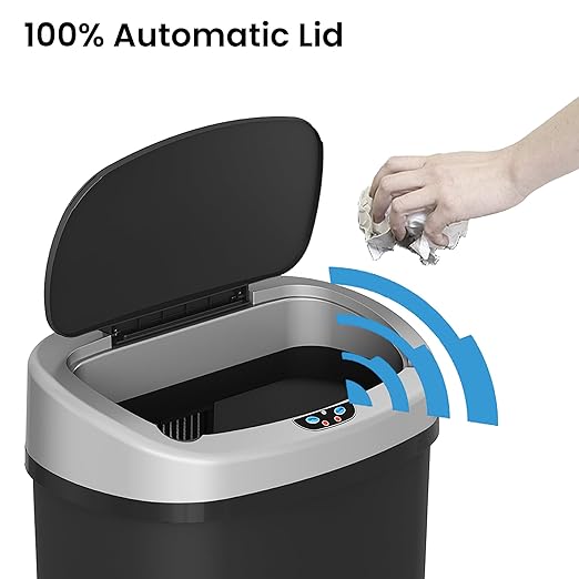 iTouchless 13 Gallon Sensor Kitchen Trash Can with Lid and Odor Filter Durable Dent-Proof Automatic Waste Basket Garbage Bin Great for Home Office Business Slim Space-Saving Oval Black Plastic