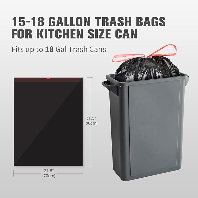 15-18 Gallon Black Trash Bags with Drawstring (102 Count) Fit 16 17 Gal High Density Large Garbage Bags Strong Plastic Trash Can Liners for Kitchen Lawn Commercial
