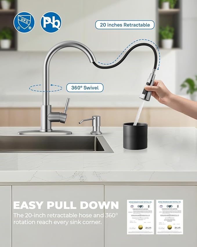 WEWE Kitchen Faucet with Soap Dispenser and Pull Down Sprayer RV Single Handle Classic 3 Modes Stainless Steel Faucet for Kitchen Sink RV Stainless Steel