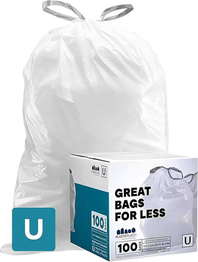 Plasticplace Custom Fit Trash Bags Compatible with simplehuman Code U (100 Count) White Drawstring Garbage Liners 14.5-21 Gallon/ 55-80 Liter 26.5 x 32