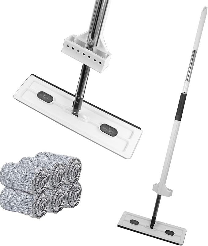 Professional Floor Mop with 360° Rotating Head 51-Inch Stainless Steel Handle White 6 Microfiber Pads 42x12cm Head for All Hard Surfaces (White)