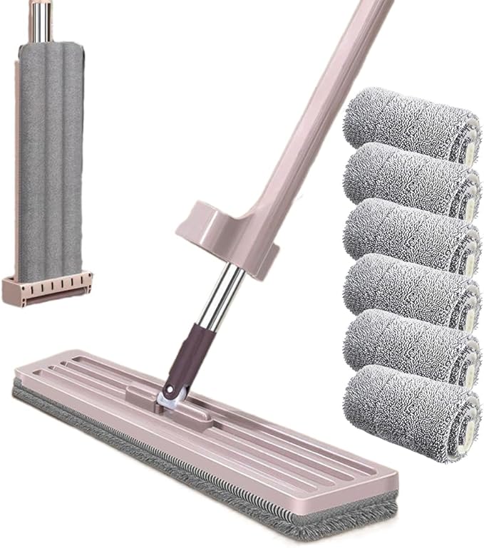 Lazy Person's Self-Washing Flat Mop 360° Rotatable Adjustable Cleaning Mop Hands-Free Flat Floor Mop Wet and Dry Mop Self Wringing Flat Mop Microfiber Mops for Floor Cleaning (With 6 Cloth 33*11CM)