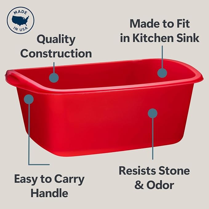 Tribello 2-Pack Dish Pans for Kitchen Sink Plastic Tub Dishpan Wash Basin and Foot Bath for Soaking Feet Wash Bucket for Washing and Storage Cleaning Supplies - 12 Quarts - Heavy Duty - (Red)