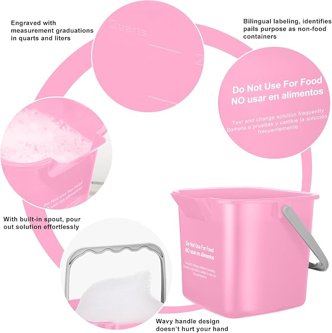 Yaomiao 4 Pcs Cleaning Bucket 3 Quart Small Sanitizing Square Bucket Detergent Pail with Measurements Spout and Handle for Home Commercial Use Restaurant Kitchen Office (Pink)