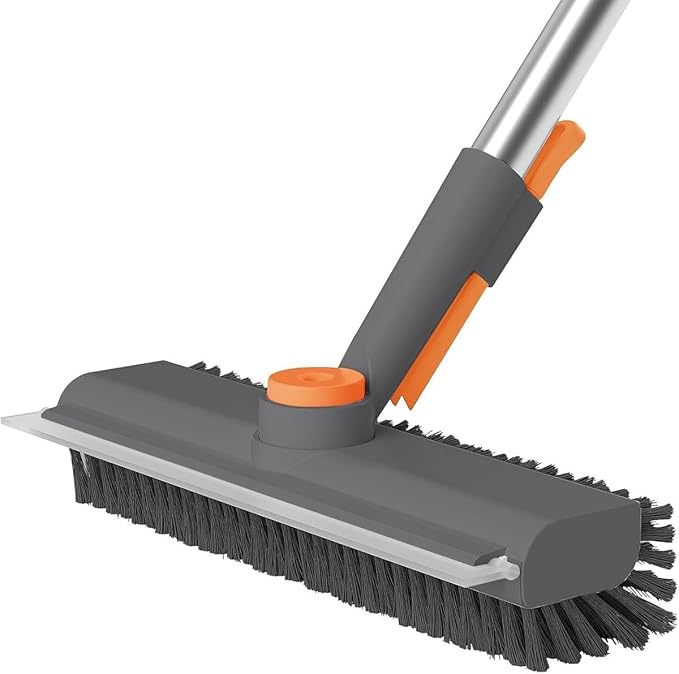3-in-1 Floor Scrub Brush with Long Handle – Heavy-Duty Stiff Bristles &amp Built-in Scraper Effortless Deep Cleaning for Bathroom Shower Kitchen Garage Patio &amp Deck (Gray)